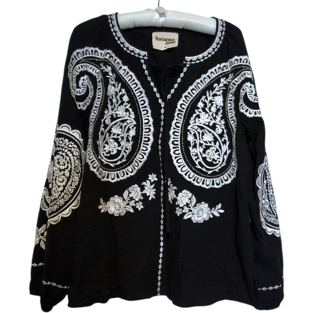 Savannah Jane Black and White Embroidered Blouse Boho Chic Festival